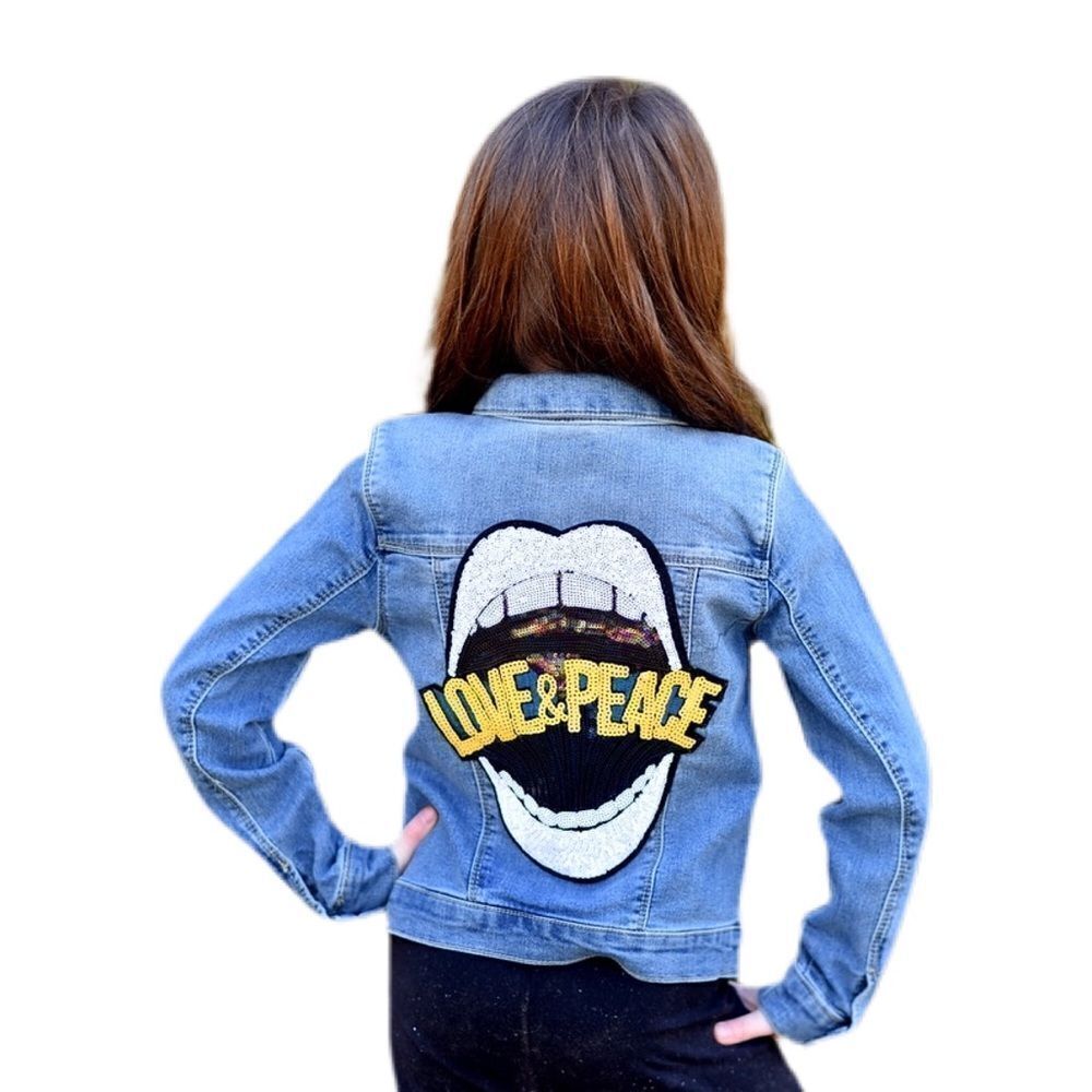 Denim Jacket With Sequin Love & Peace Lips Patch